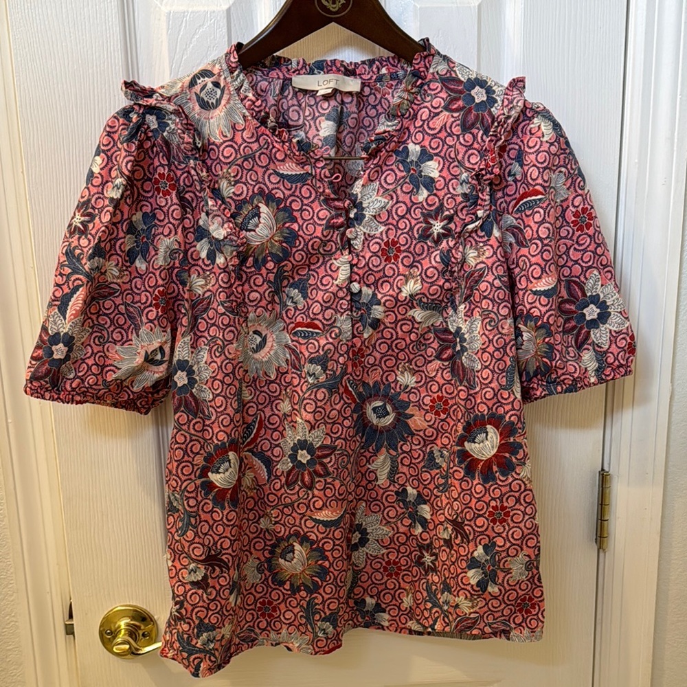 LOFT Pink Puff Sleeve Ruffled Blouse